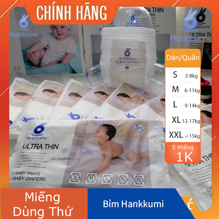 [Voucher giảm 50%] Bỉm/Tã Hankkumi Quần Dán Mẫu Dùng Thử Cho Trẻ Em Bé Sơ Sinh Size S1/M1/L1/XL1/XXL1