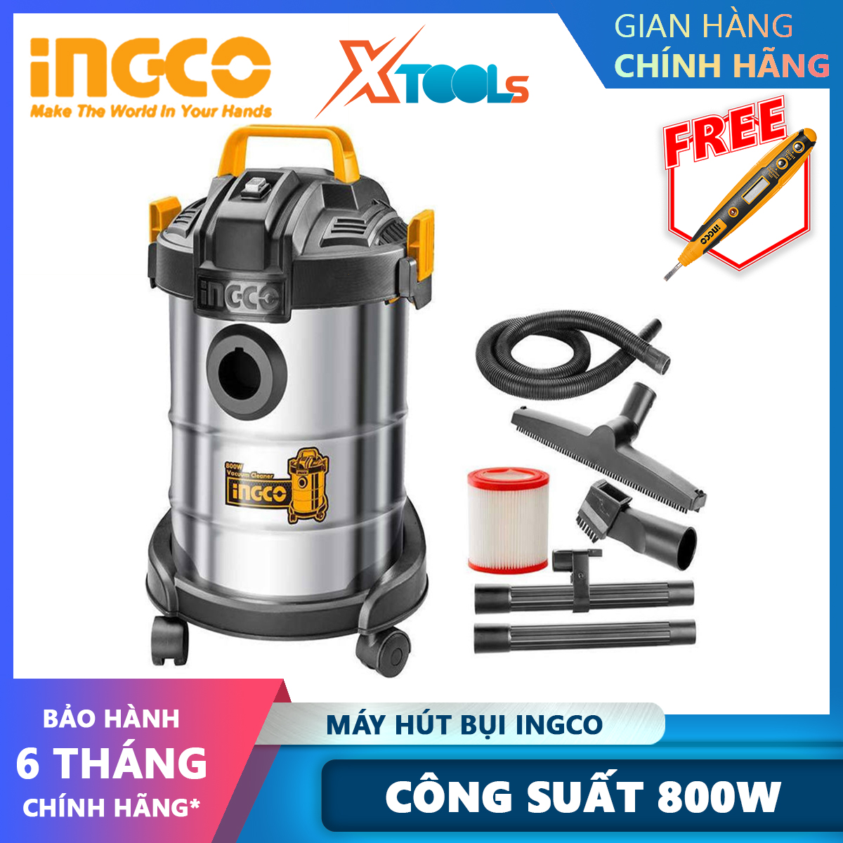 Vacuum cleaner ingco VC14122 vacuum cleaner model copper silk 800W, enclosed ống bowel chicken 1.5m, 3 section Tube connector, Department of HEPA filter vacuum cleaner, sandy soil, and liquid [xsafe] [XTools]