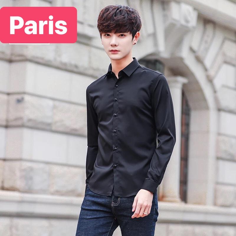 ÁO SƠ MI KATE LỤA NAM ĐEN TRƠN SOÁI KA CHỐNG NHĂN HOT TREND CAO CẤP - PARIS FASHION