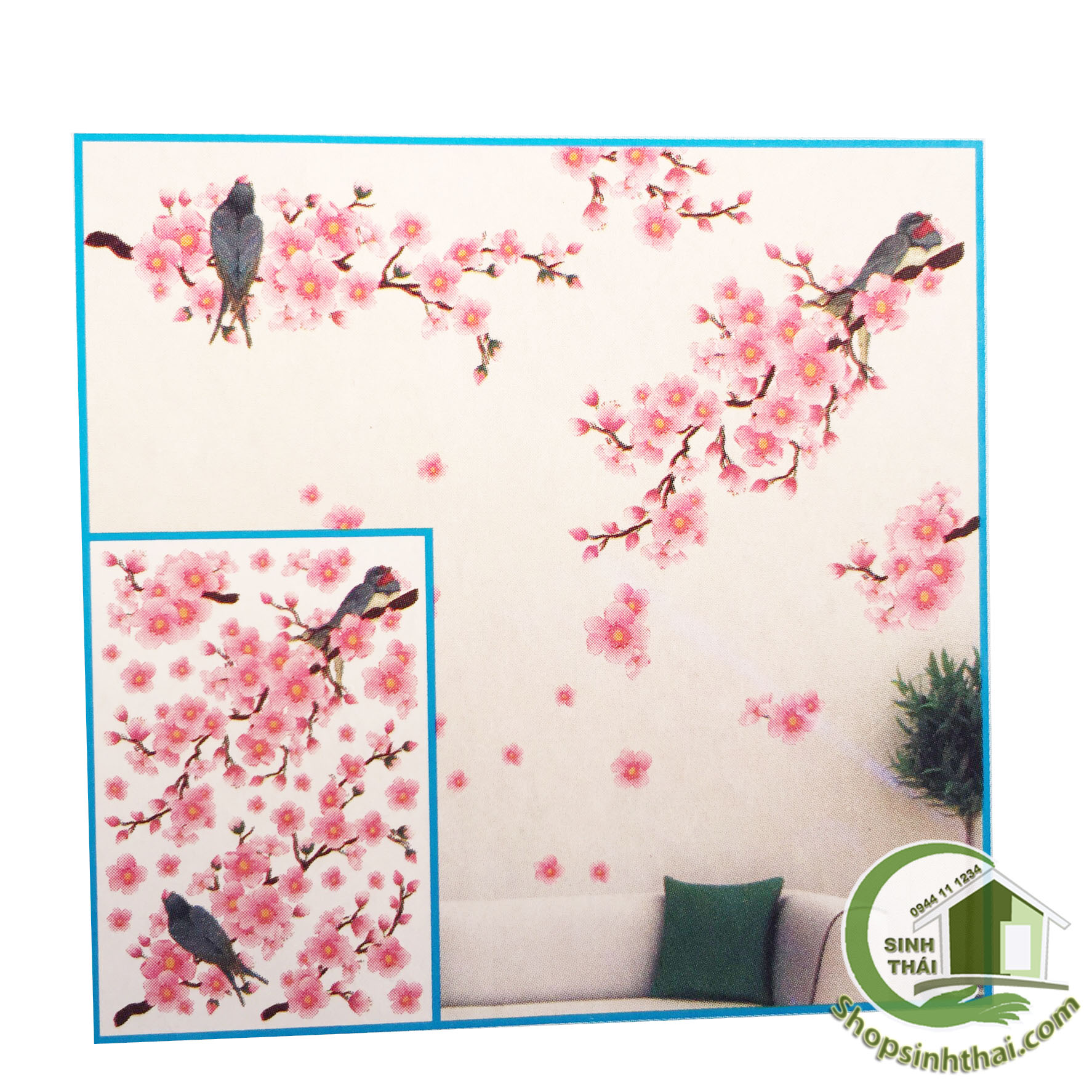 [HCM]Tấm decal dán tường dán kính hoa đào màu hồng 55cm x 80cm