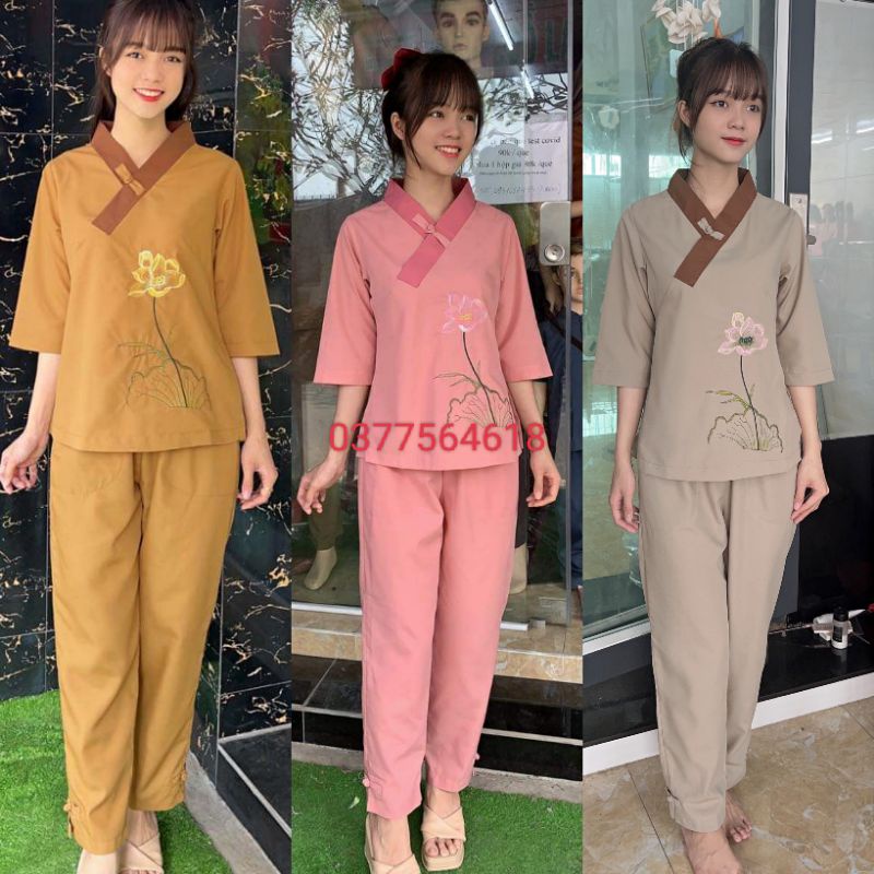 Bộ nữ đi chùa .1 nút thêu vải kate