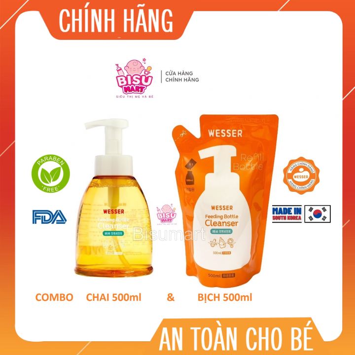 Combo of Wesser Bottle and Nipple Cleaner, 500ml Bottle and Bag, Made in Korea