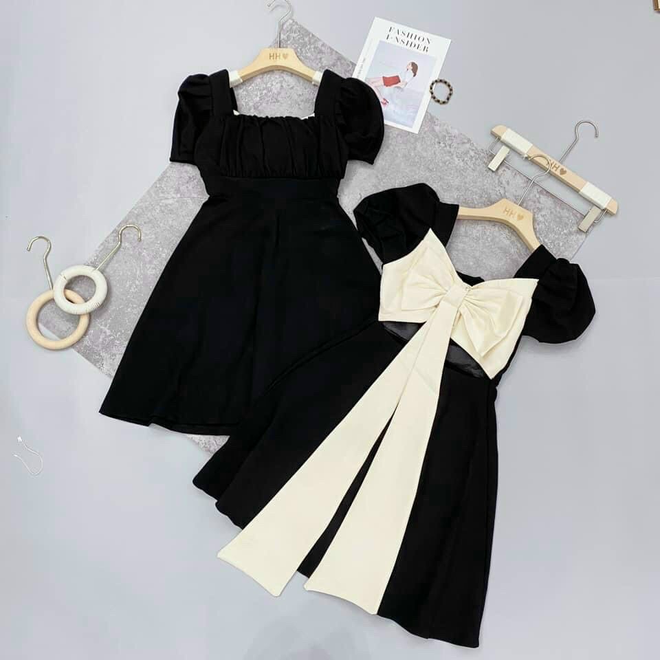 [HCM]Đầm xòe nơ lưng tay búp cổ vuông #damcovuong