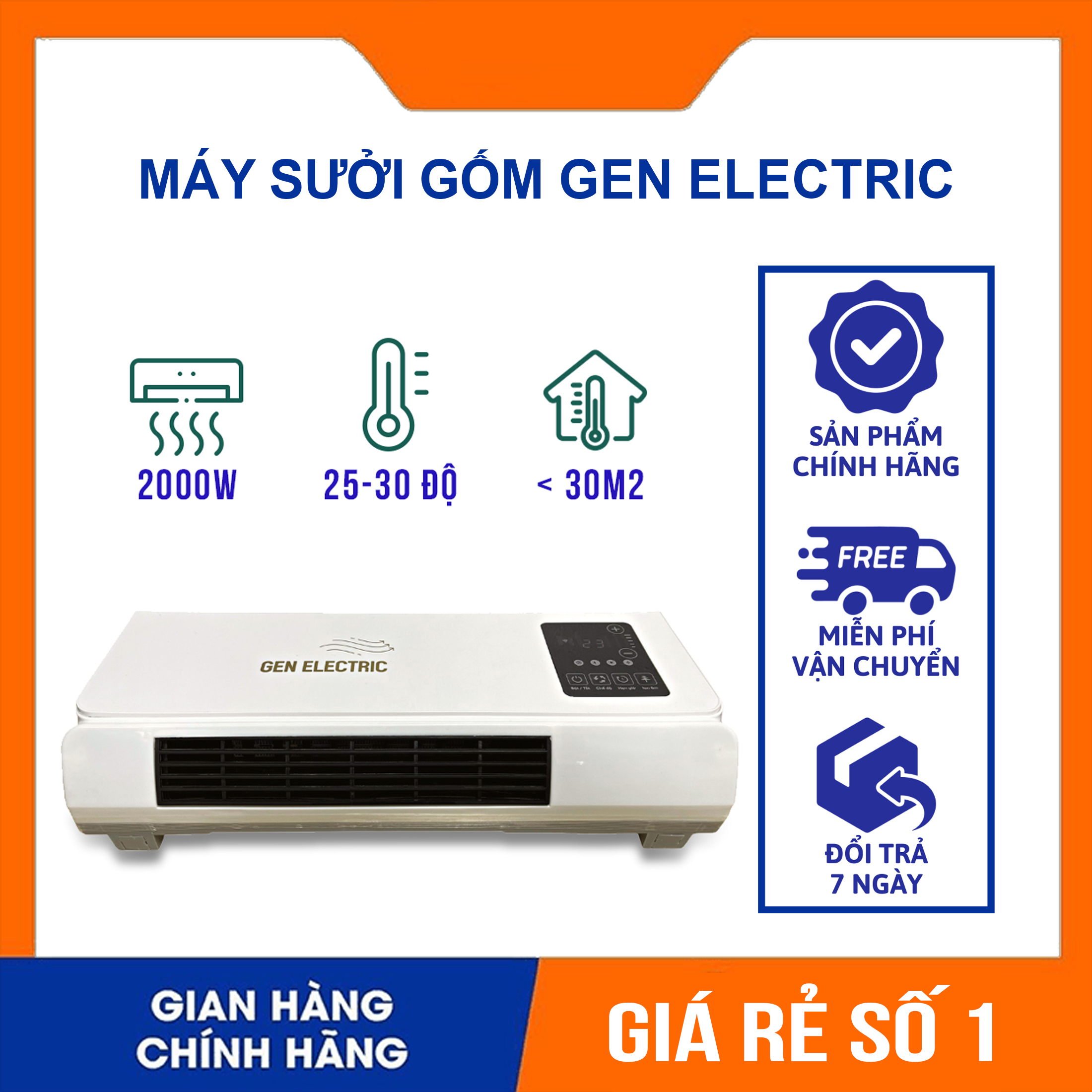 Máy sưởi gốm Gen Electric GH-02, quạt sưởi gắn tường phòng khách phòng ngủ điều khiển từ xa công suất 2000W- BH 12 tháng