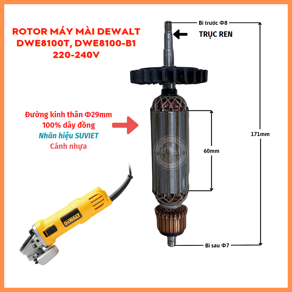 Rotor mài DEWALT DWE8100T, DW8100T-B1 (Thân 29mm Dài 171mm) 220V - Tặng chổi than