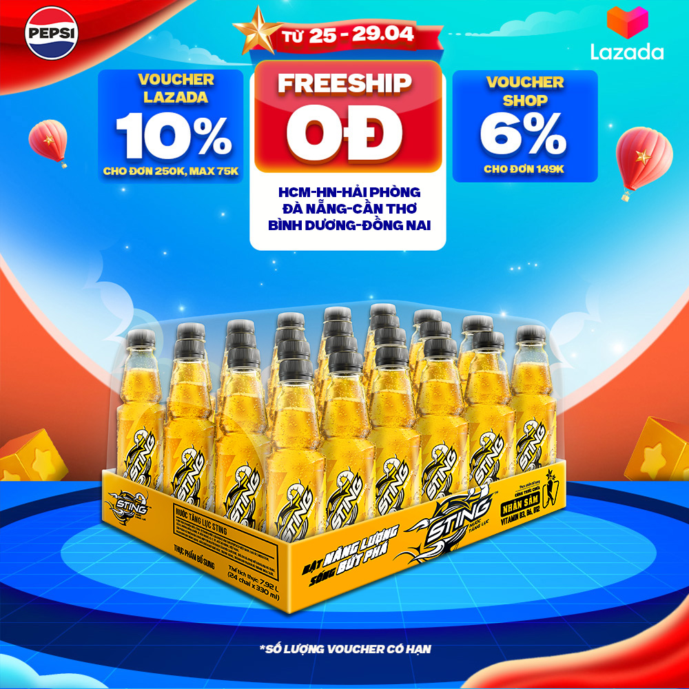 [SALE 15.6] Thùng 24 Chai Nước Tăng Lực Sting Vàng (330ml/chai)