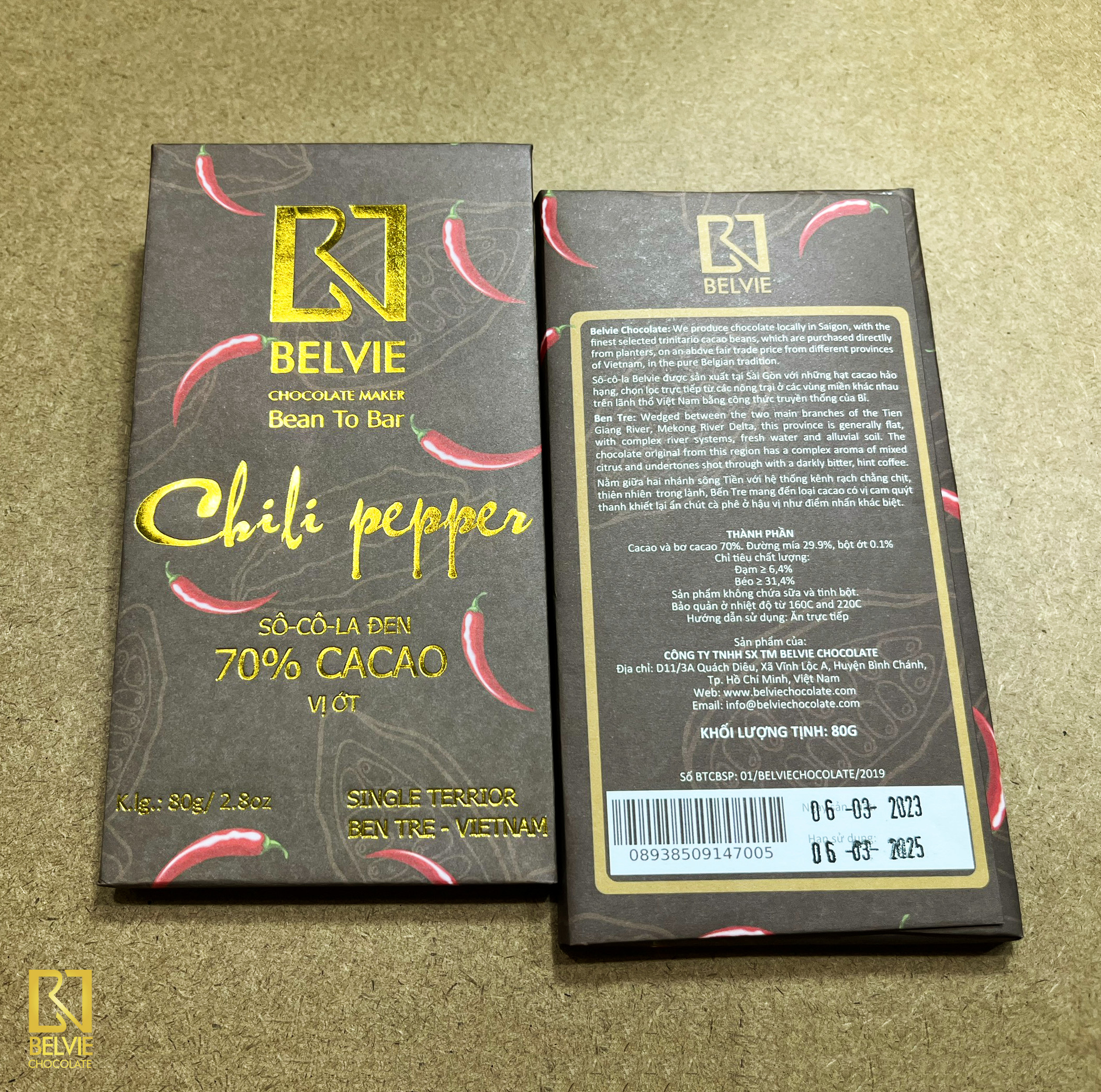 Socola đen vị ớt Belvie 70% cacao, 80g