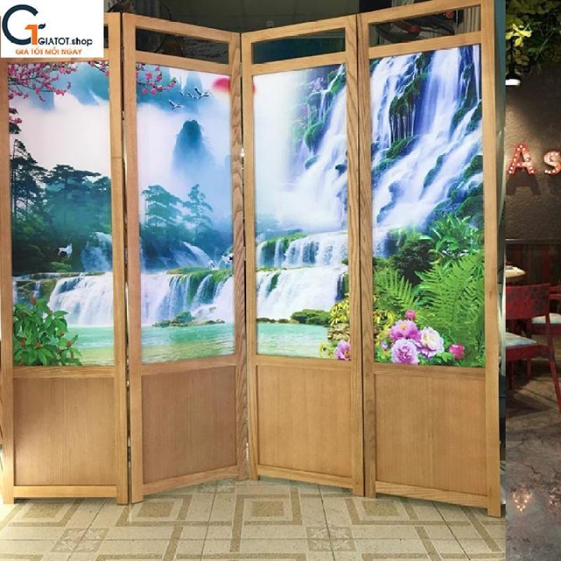 Bình phong bằng gỗ sồi tự nhiên cùng nền vải tranh 3D GT505