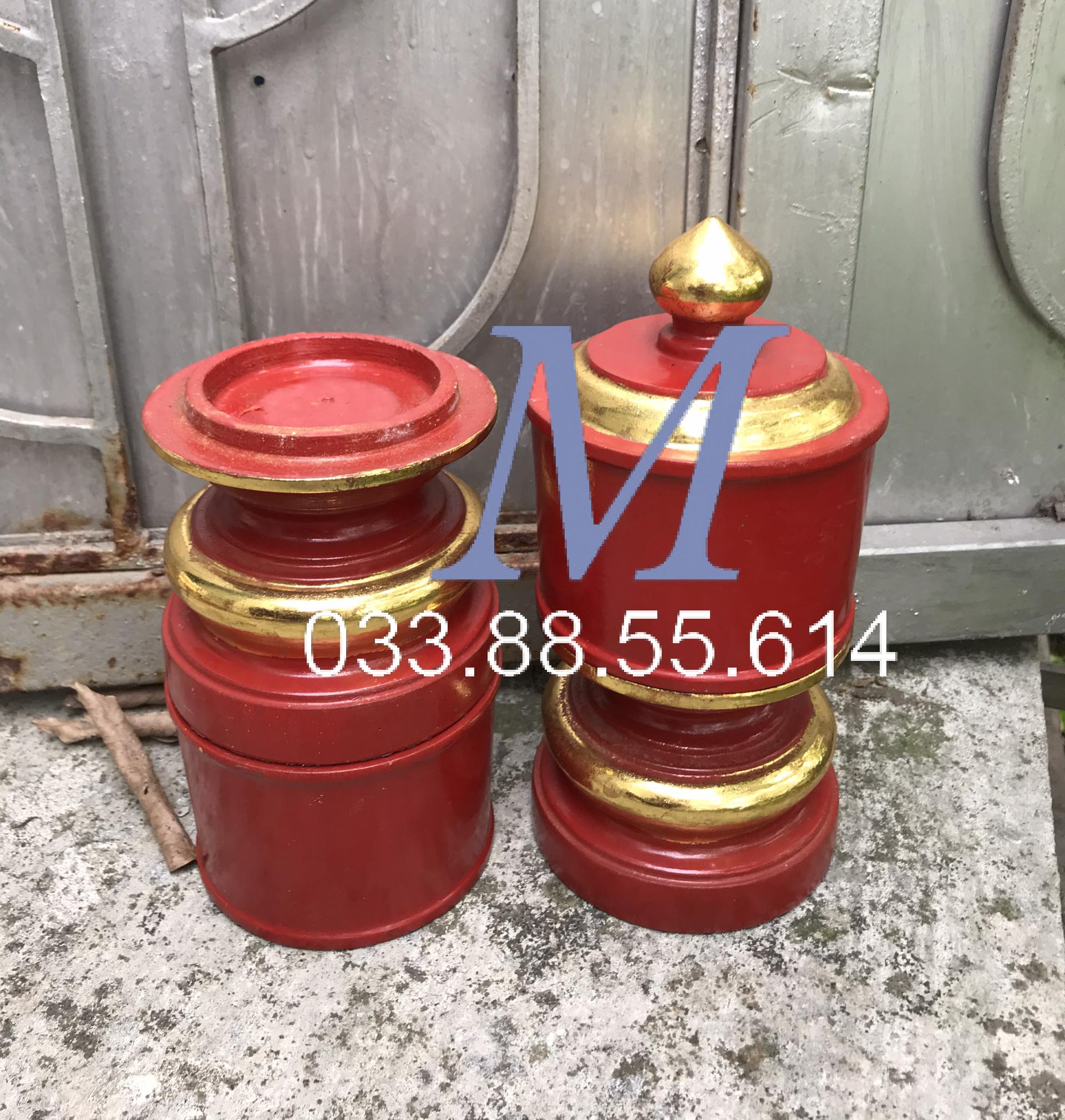 Bộ 2 Qủa Đài Nến Kẻ Chỉ Giáp Vàng Gỗ Mít