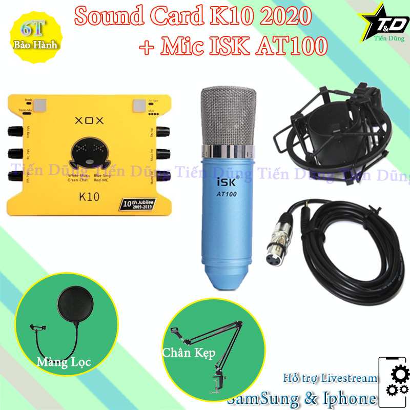 Bộ mic thu âm ISK at100 sound card xox k10 2020 phiên bản tiếng anh kèm dây livestream chân màng - combo live stream micro AT100 đã đầy đủ
