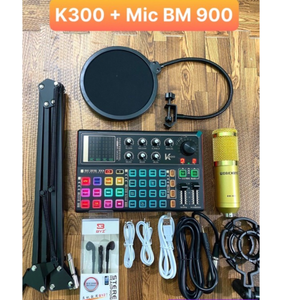 Bộ Mic Thu Âm Bm900 Sound Card k300 Dây Livestream Chế - Trọn Bộ Thu Âm Sound Card k300 Hỗ Trợ Autu Tune Bluetooth -livestream Chế Chân Đế Màng Lọc