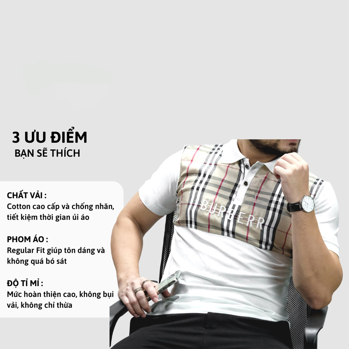 Áo polo nam kẻ caro nâu vải cá sấu cotton siêu mát, áo thun cổ bẻ nam chuẩn form