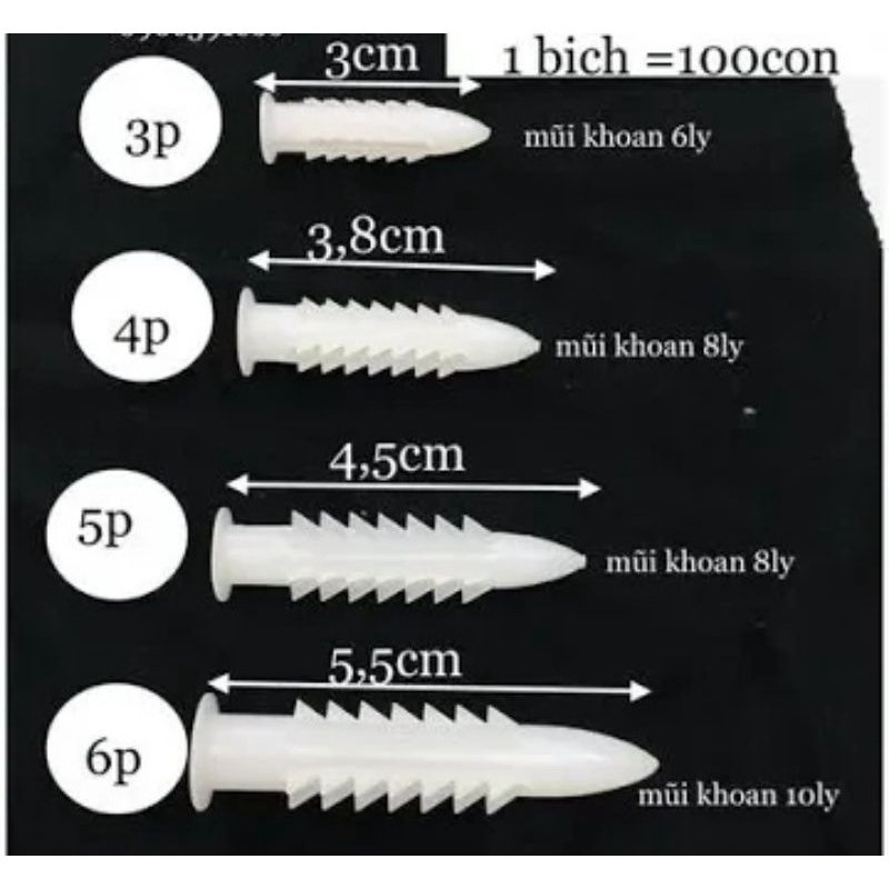 1 bịch 100 con nở nhựa (tắc kê) số 3/4/5/6 (tự chọn)