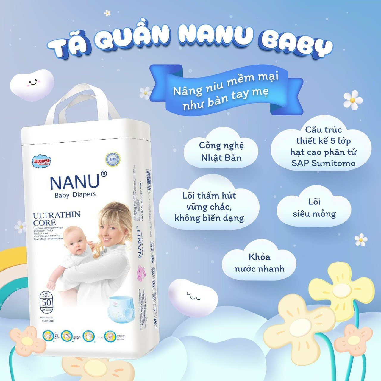 Combo 50 miếng bỉm/tã quần nanu size M - 5XL