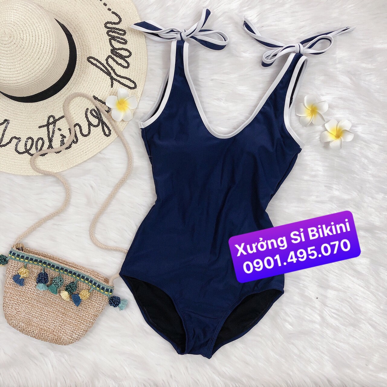 Bikini 1 mảnh màu đỏ viền trắng nơ vai dễ thương (nhiều màu)
