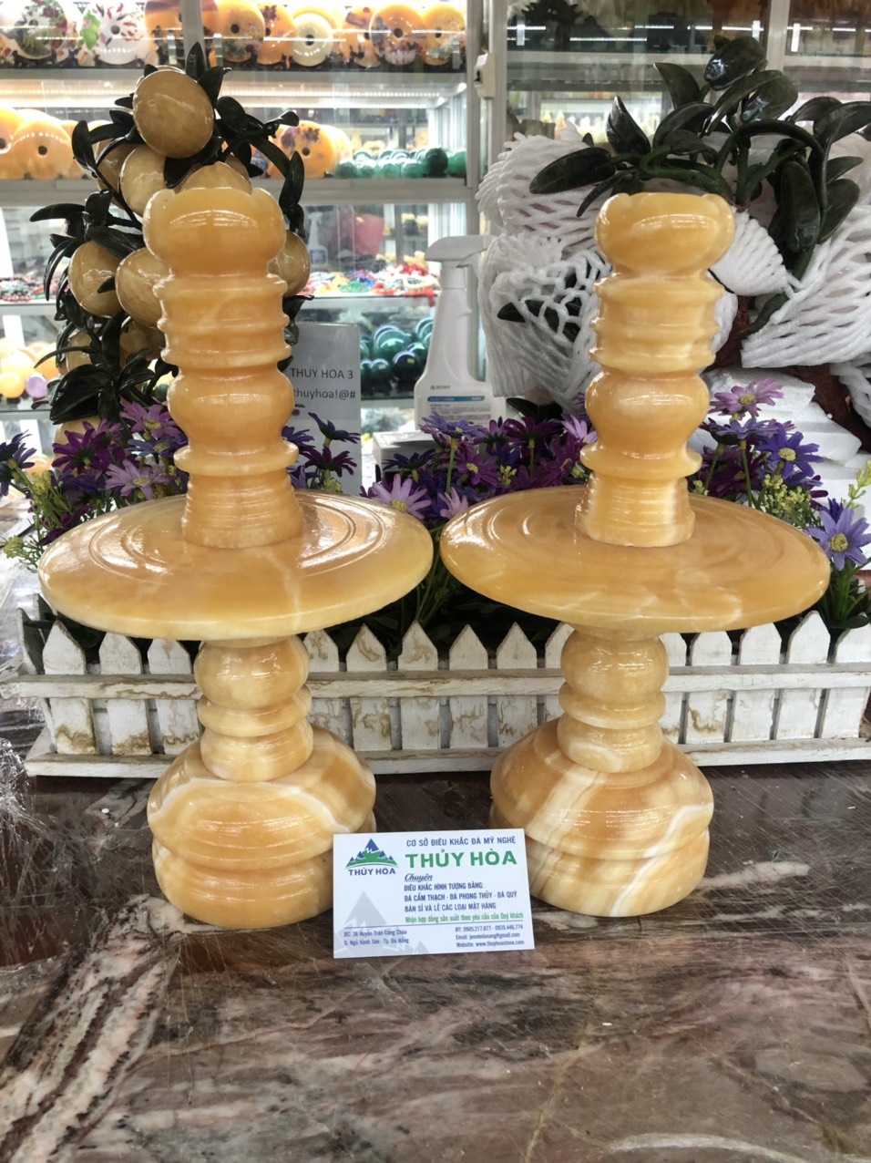 Cặp chân đèn thờ cúng để bàn thờ đá ngọc hoàng long - Cao 25 cm và 30 cm