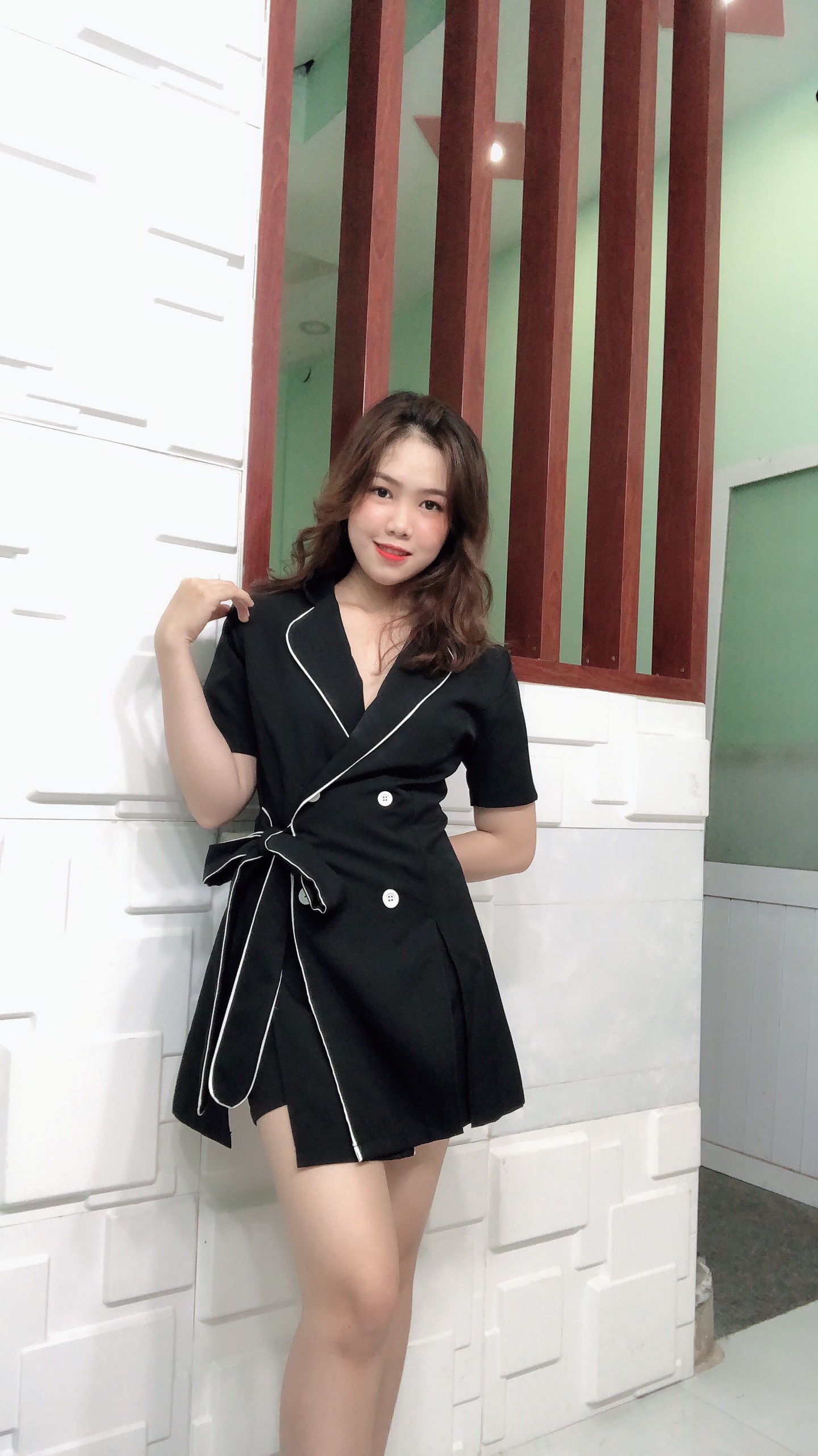 Set đầm công sở cổ vest có nơ thắt eo