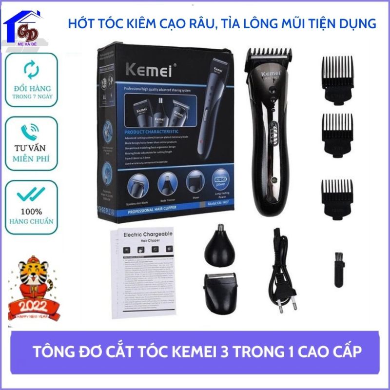 Tông đơ cắt tóc loại tốt  3 trong 1 không dây, sạc pin Kemei KM-1407 đa năng chuyên dụng chuyên hớt tóc nam, hớt tóc cho bé, cắt tóc gia đình tiện dụng giá rẻ