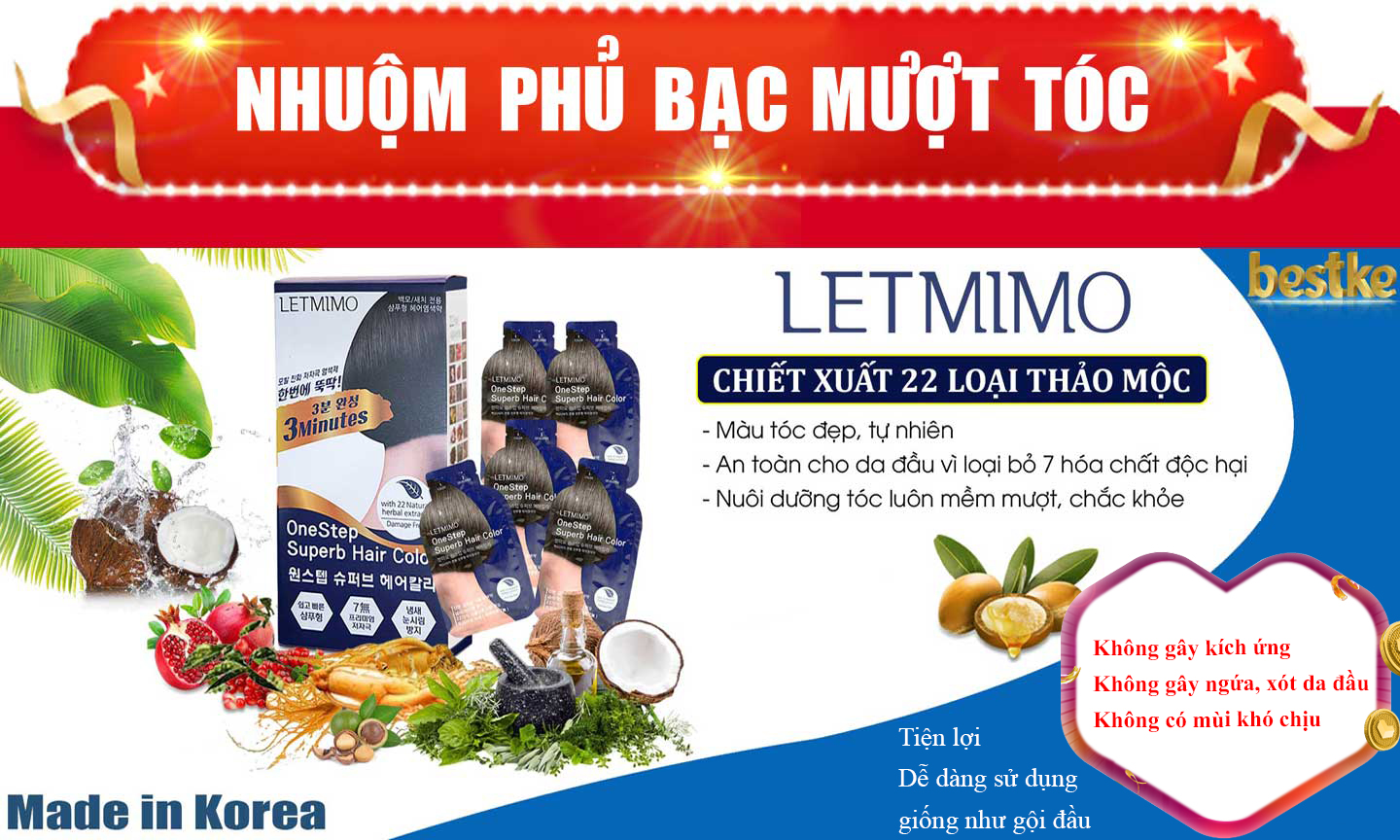thuốc nhuộm tóc bạc , 1 gói/1 lần dùng, bestke