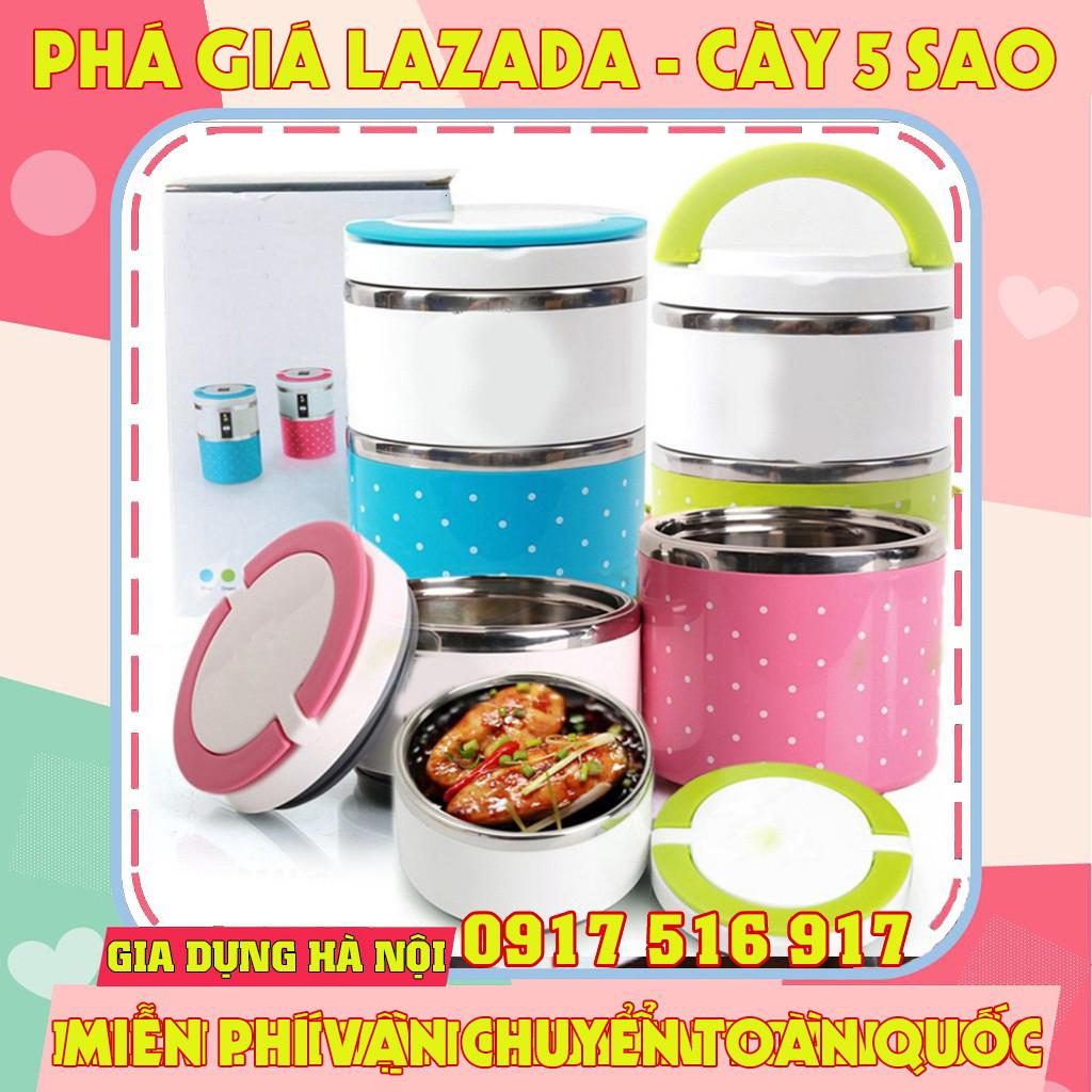 (Hàng loại 1) Cặp lồng cơm 3 tầng giữ nhiệt chấm bi ruột inox