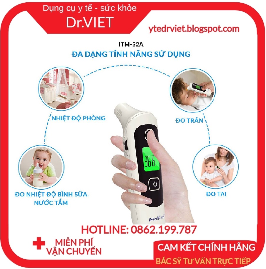 Nhiệt kế điện tử hồng ngoại cao cấp iMediCare iTM-32A- Nhiều chức năng đo trán – đo tai, đo nhiệt độ môi trường, đo nhiệt độ nước tắm, nhiệt độ sữa- đo chính xác sau 1 giây, lưu 32 kết quả- cảnh báo sốt bằng âm thanh và đèn nền màu đỏ
