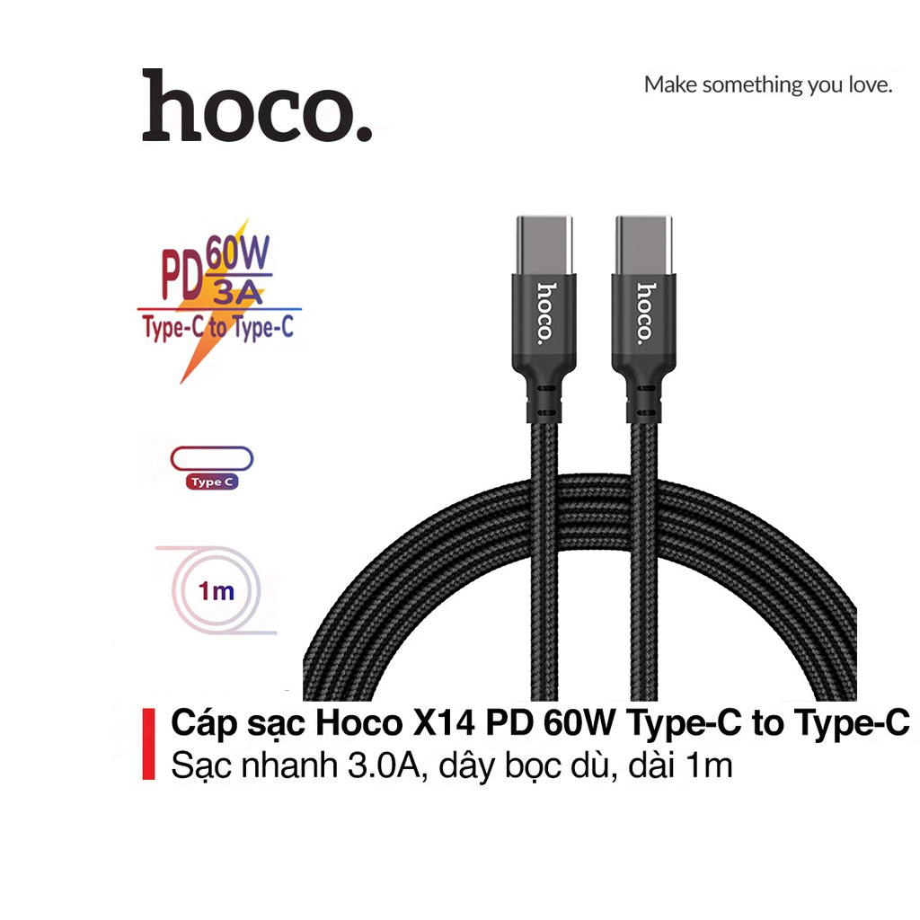 Cáp sạc nhanh pd60w hoco x14 type-c to type-c dây dù siêu bền truyền dữ liệu dài 1m cho android