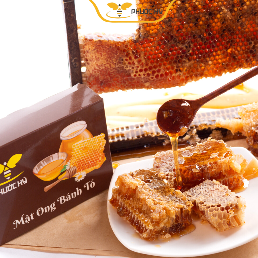 Mật ong bánh tổ nguyên chất Phước Hỷ - nguyên khối ong xây trực tiếp vào hộp, ăn được từ mật tới sáp ong 500g