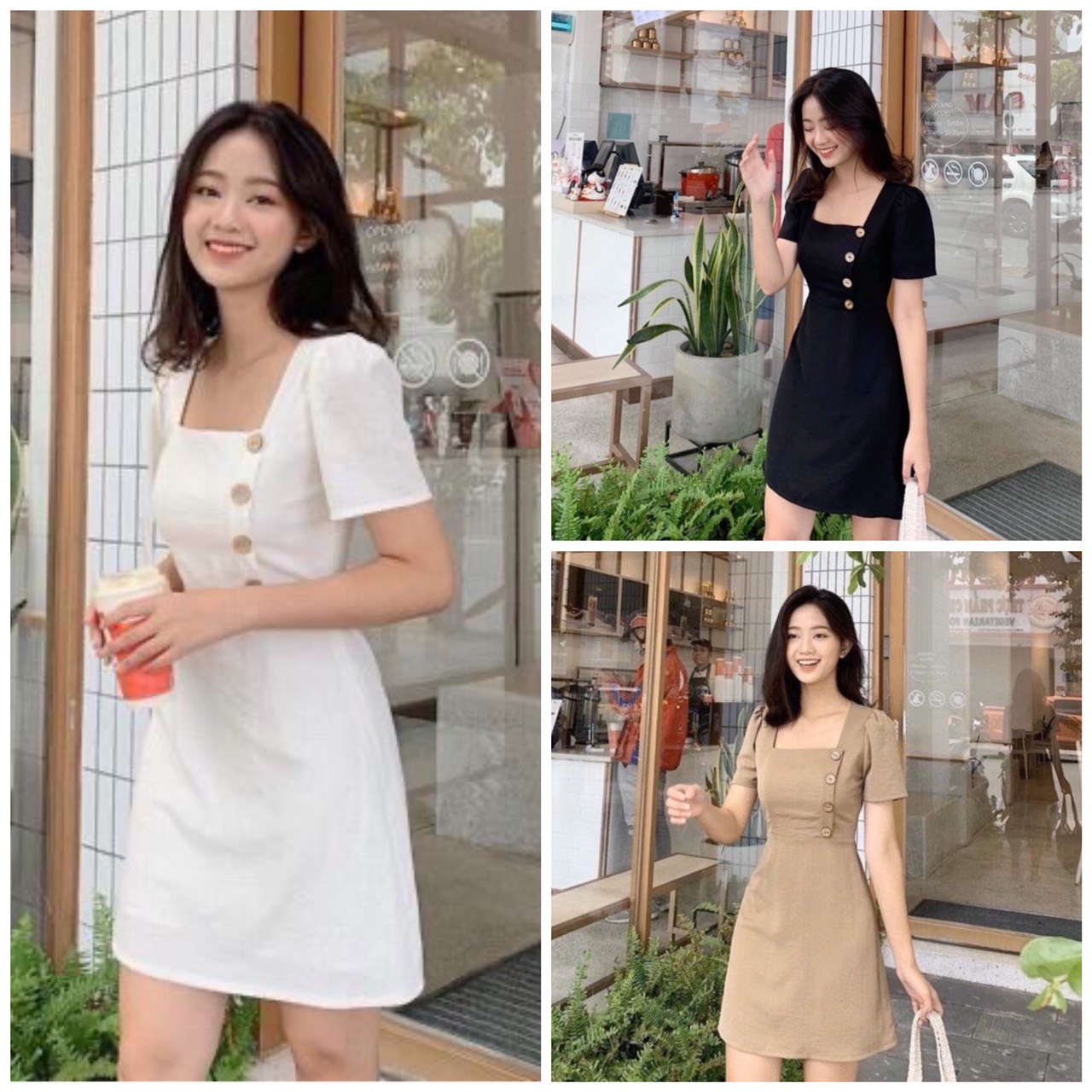 Đầm Nữ Cổ Vuông Phối Nút Công Sở