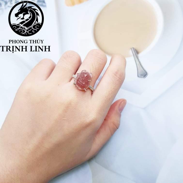 NHẪN BẠC HỒ LY THẠCH ANH DÂU TÂY HỒNG (INBOX ĐẶT SIZE)