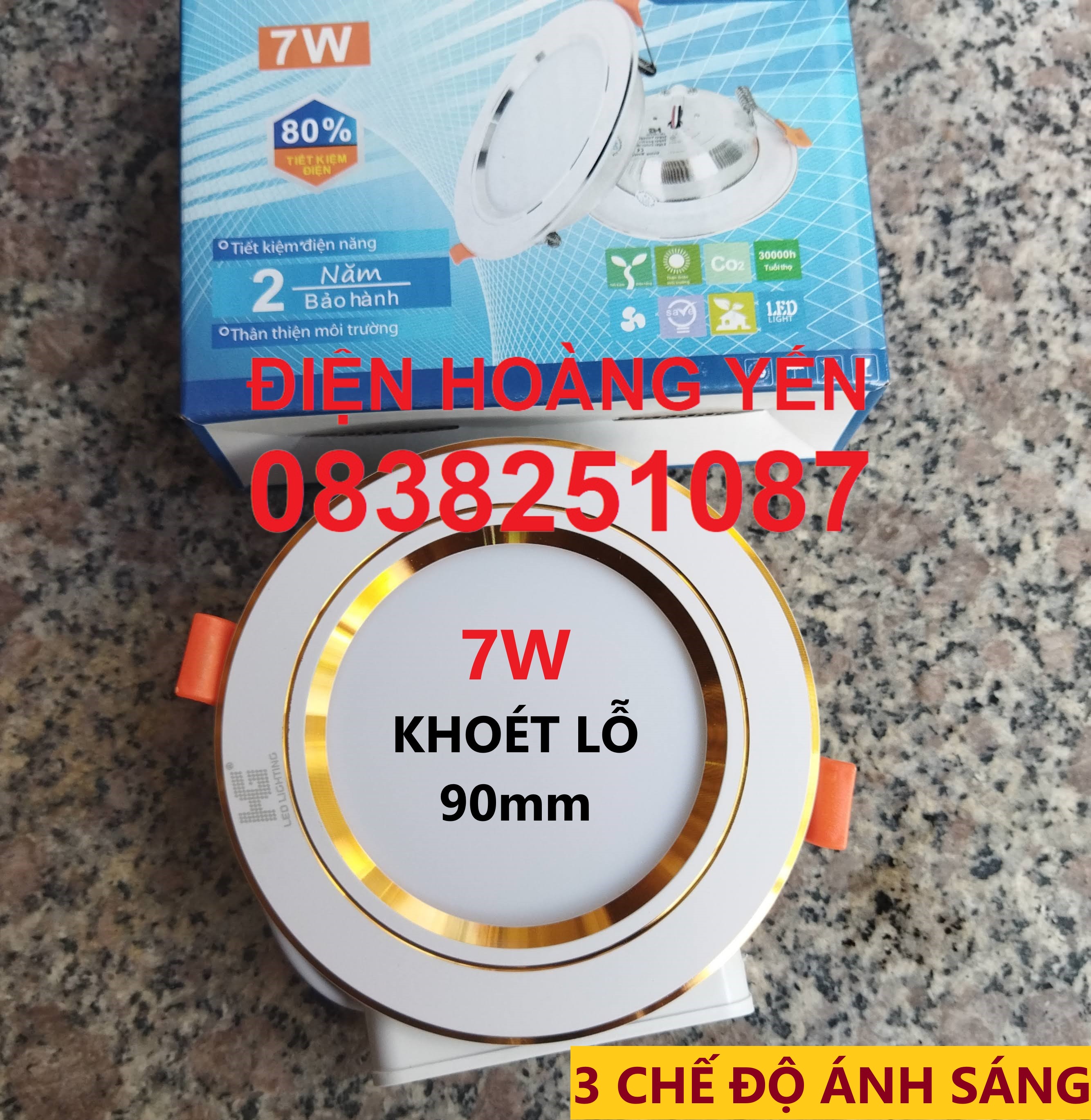 [HCM]Đèn led âm trần viền vàng 7w tròn 3 màu ánh sáng (trắng - vàng nắng - vàng ấm) - phi 90mm