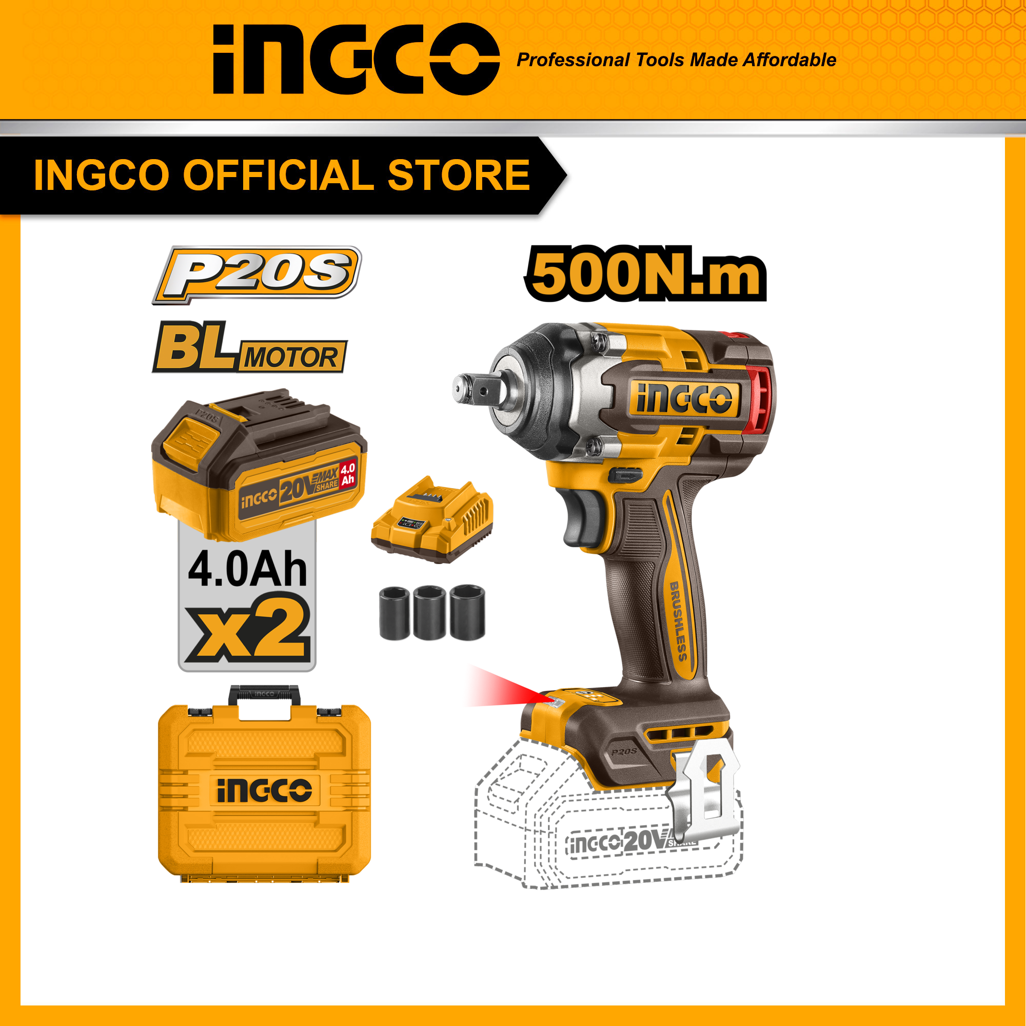 Máy siết bu lông tháo mở ốc xe ô tô, xe máy động cơ motor không chổi than ingco ciwli2050 | ciwli20501 lực siết bulong lớn 500nm xoắn đai ốc lên đến 650nm
