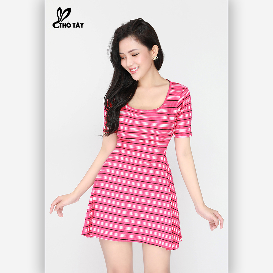 Đầm Xòe Thun Sọc Cổ U - THỎ TÂY D298B375