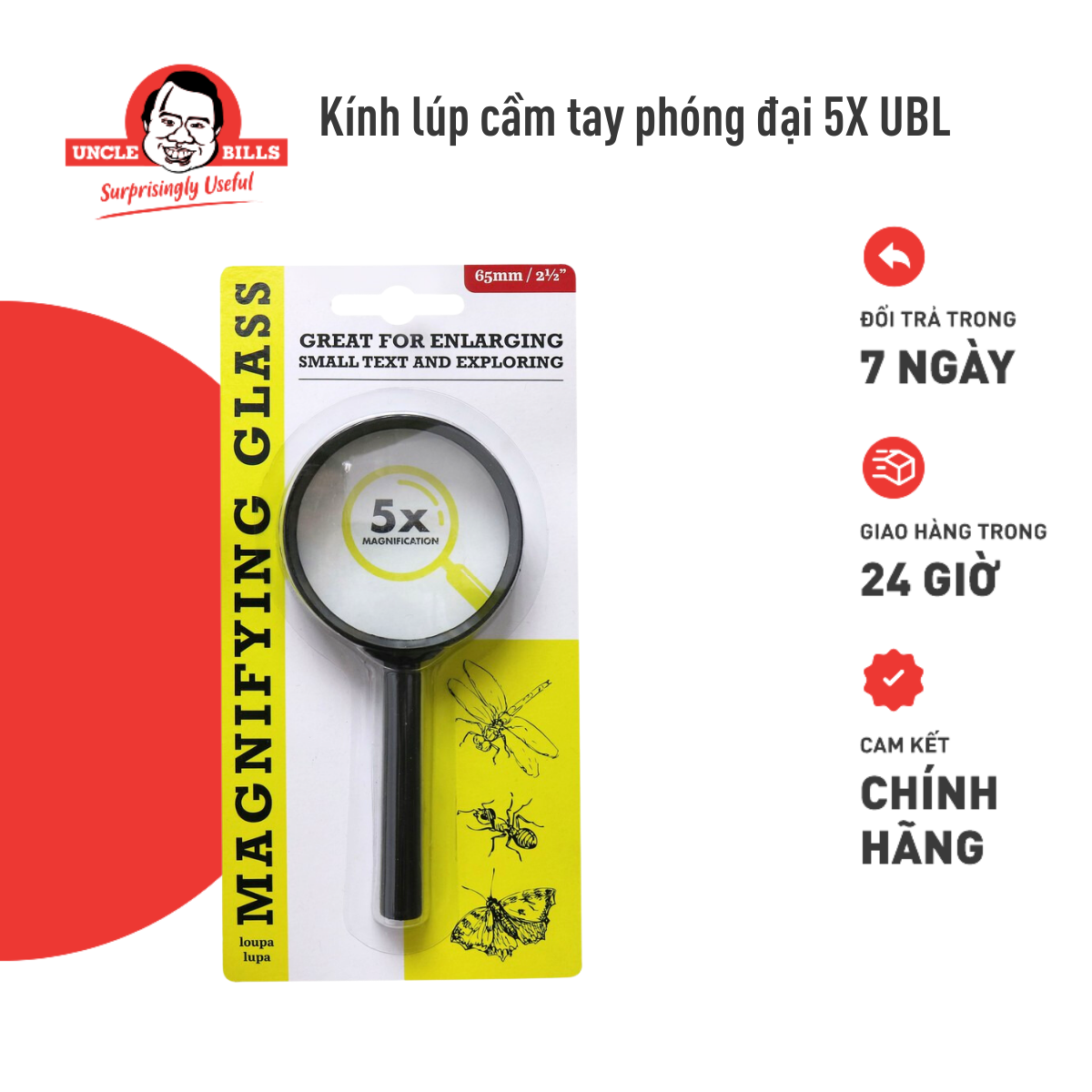 Kính lúp cầm tay độ phóng đại 5 lầnsize 13 x 6.5 cm Uncle Bills SG0034