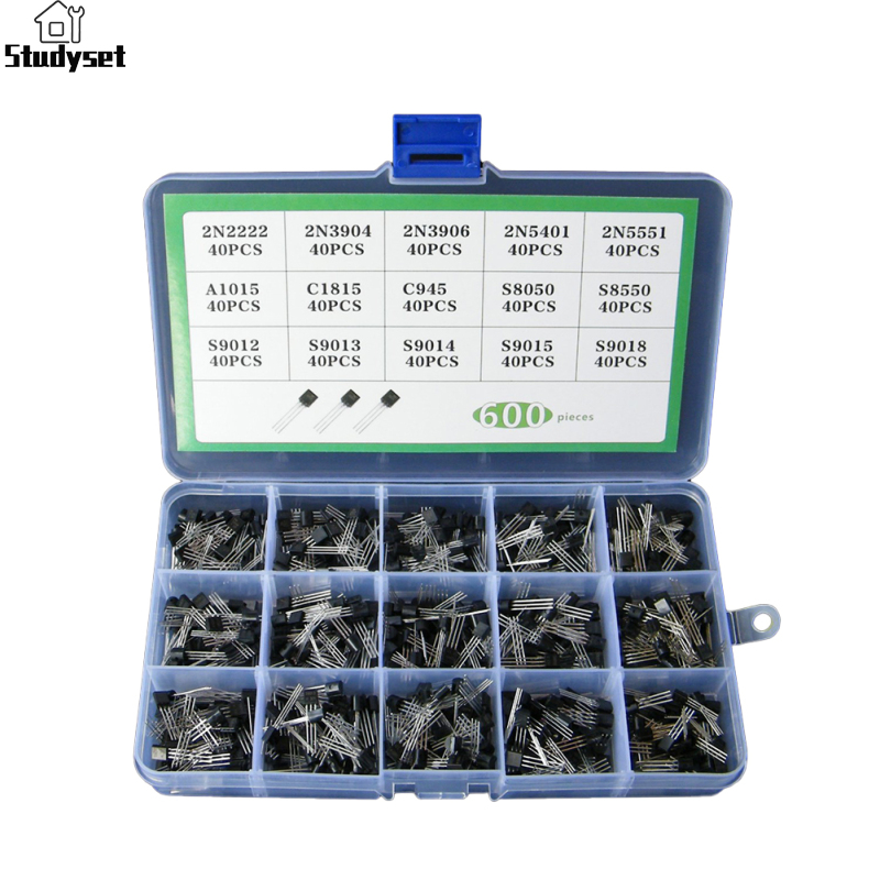 Studyset 600 pcs 15 kinds transistor kit 5v 5w 2n2222-s9018 pnp npn triode to-92 transistor components