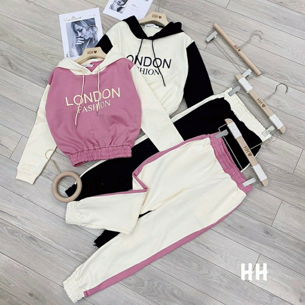 Đồ bộ thể thao thu đông phối màu có mũ in chữ LONDON 2 màu