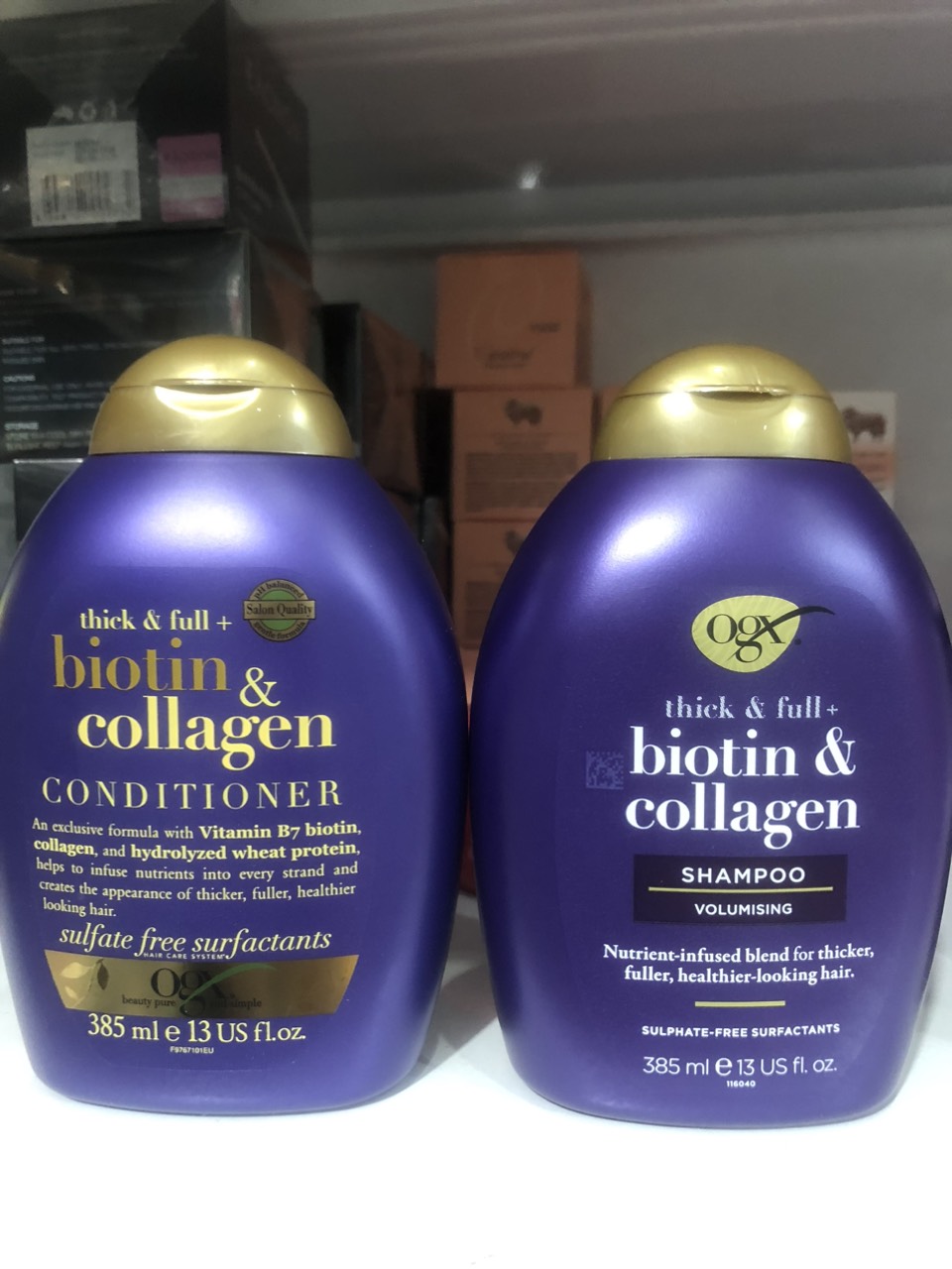Cặp dầu gội và xả Biotin & Collagen OGX, Mỹ nuôi dưỡng phục hồi tóc hư tổn, giảm rụng tóc, làm tóc bóng mượt hơn