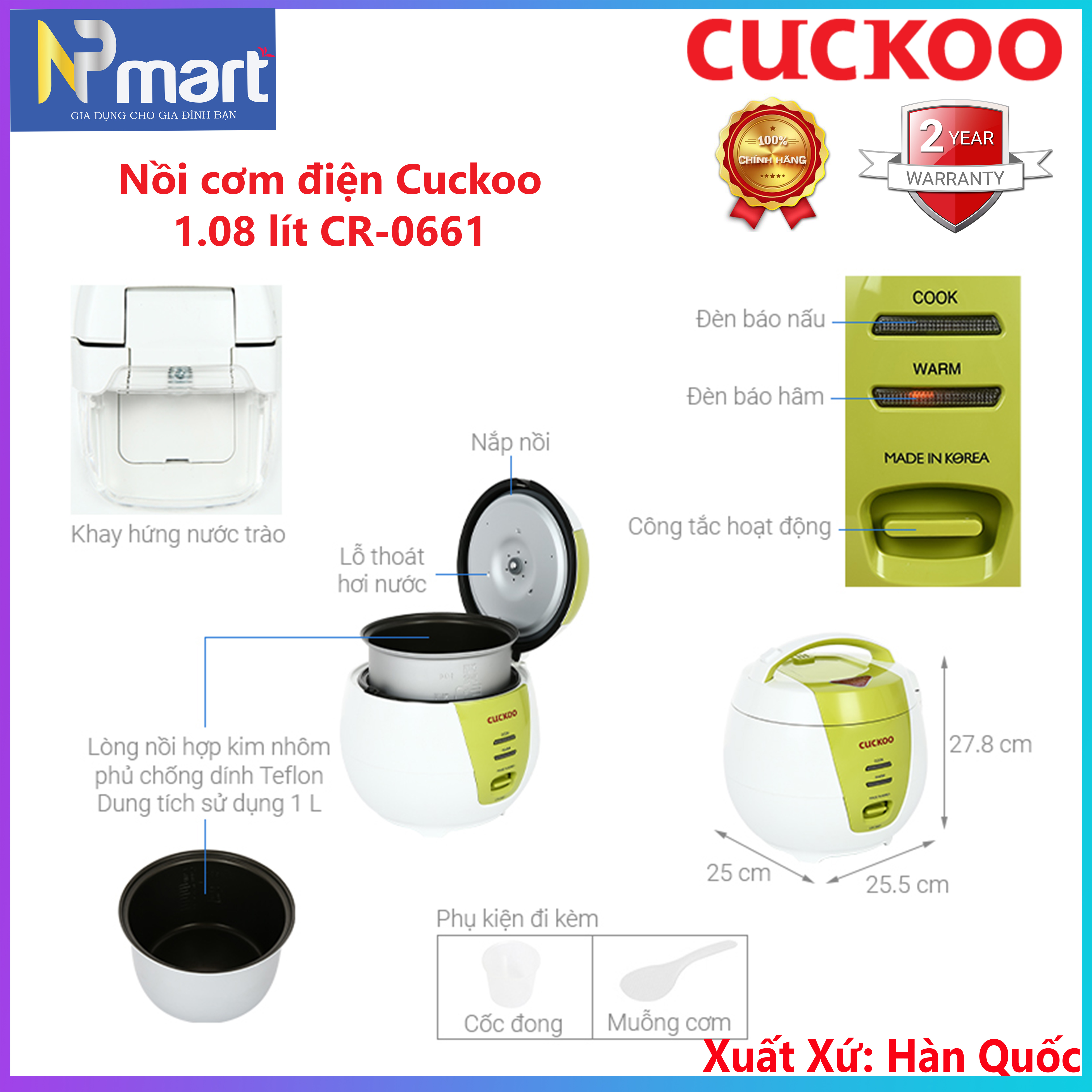 Nồi cơm điện Cuckoo 1.08 lít CR-0661 (nhập khẩu Hàn Quốc)
