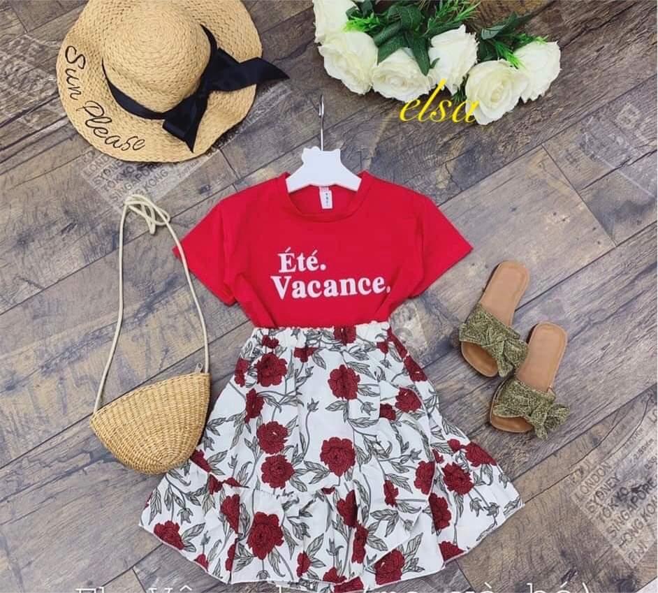 sét bộ áo + váy hoa hồng cho bé gái