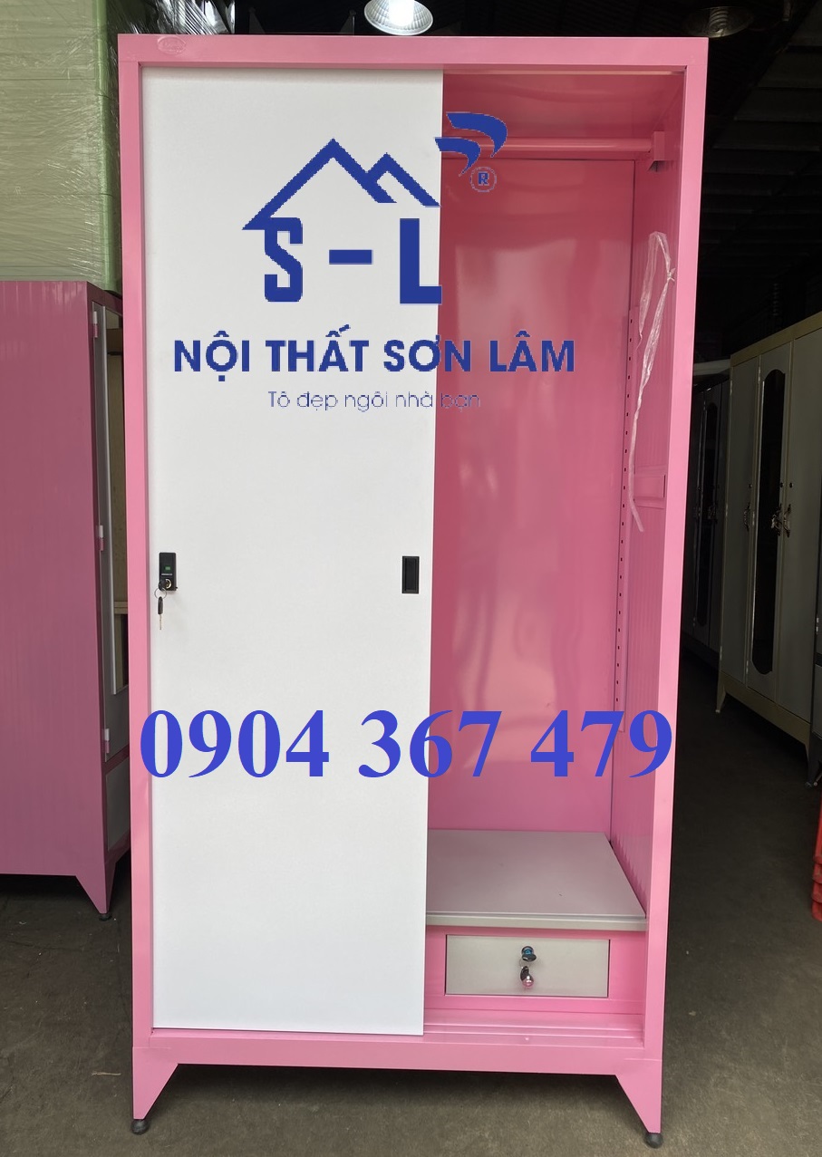 Tủ quần áo sắt cửa lùa sơn tĩnh điện không gương màu hồng