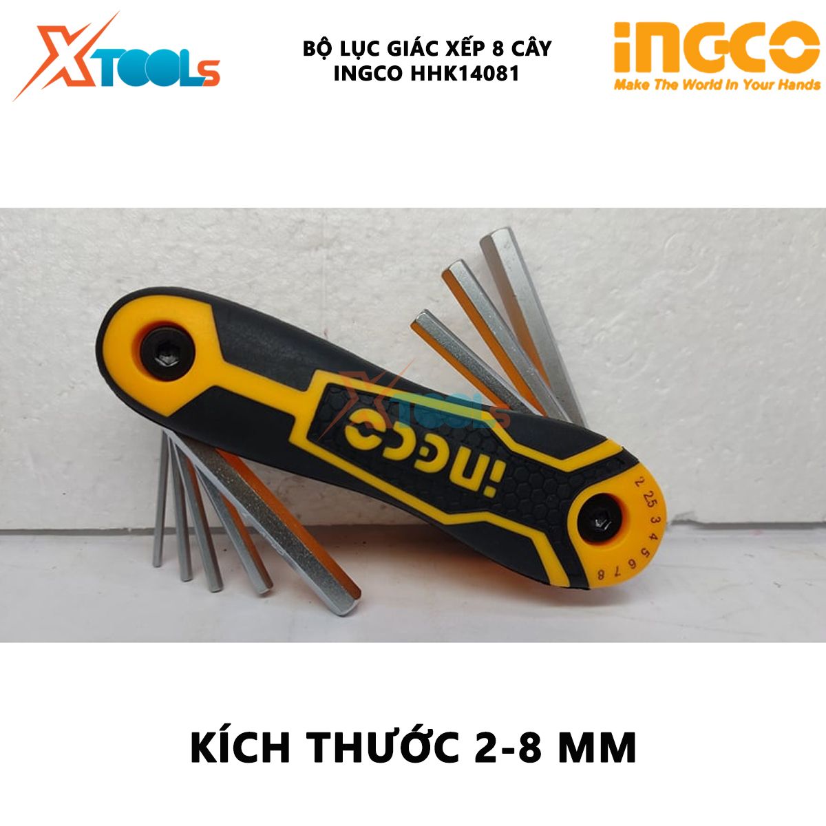 Bộ lục giác đầu bằng xếp 8 cây INGCO HHK14081 Bộ chìa khóa lục giác Kích thước 2-8mm Chất liệu Cr-V mở bulong, đai ốc XTOOLs