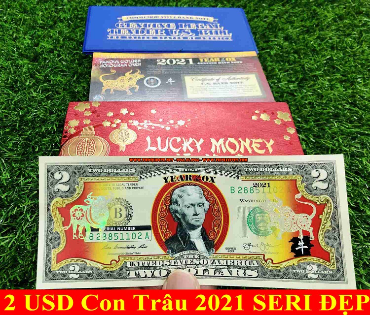 Tiền 2 USD Hình Con Trâu Mạ Vàng 2021; Màu: xanh; 15x6.5 (Dài x Rộng)