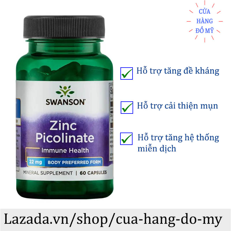 Viên uống Kẽm Swanson Zinc Picolinate 22 mg 60 viên Immune Health
