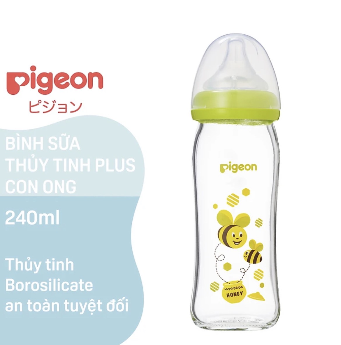 Bình sữa cổ rộng thuỷ tinh Plus Pigeon 240ml (M)