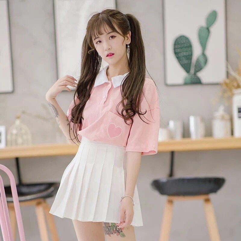 Áo thun cổ bẻ phối màu in hình trái tim ở ngực cực dễ thương TTS0202