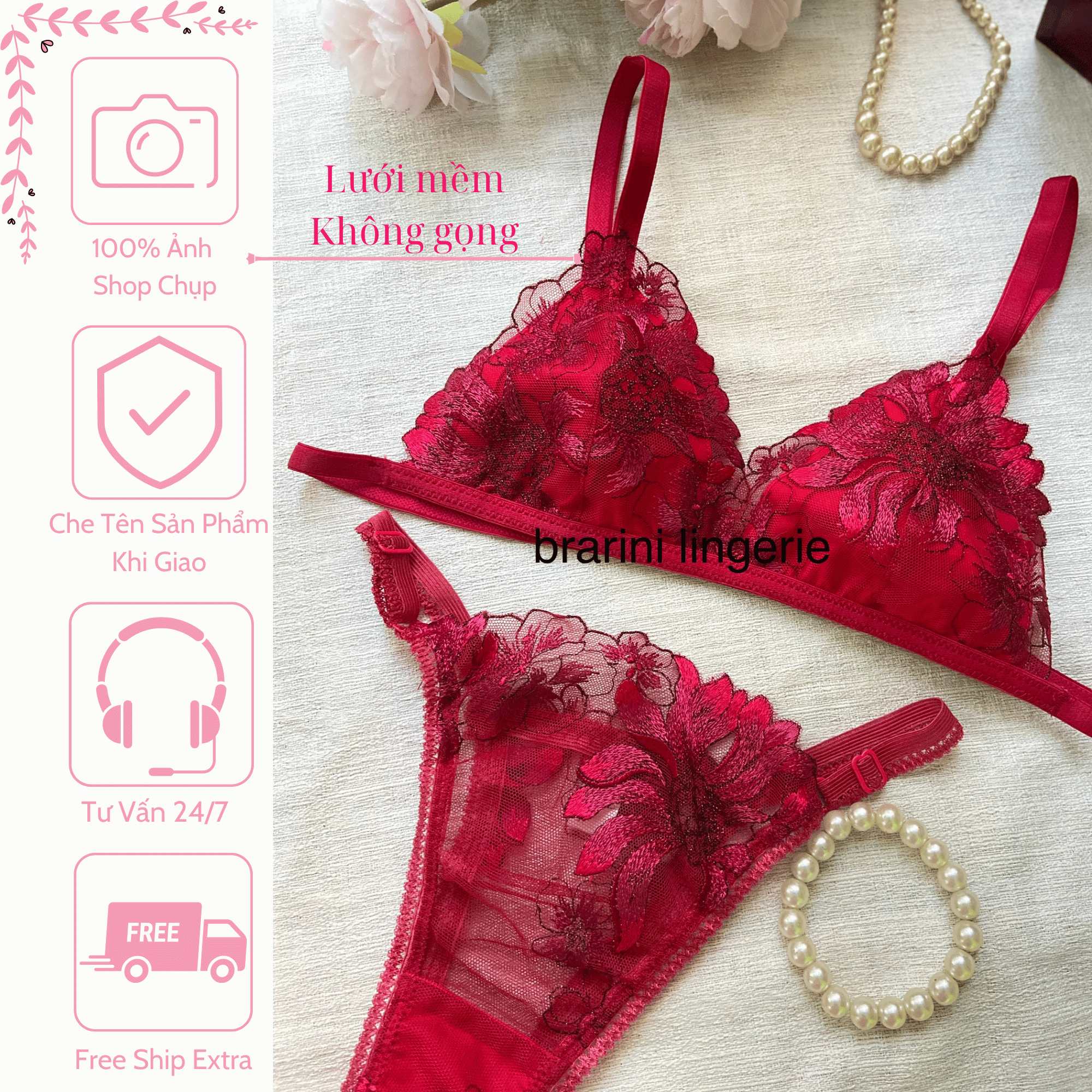 R01 bộ đồ lót nữ ren màu đỏ ,áo không gọng và quần lót lọt khe ren