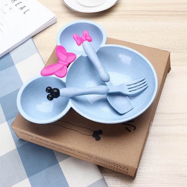 Khay ăn dặm lúa mạch hình chuột Mickey kèm thìa dĩa cho bé