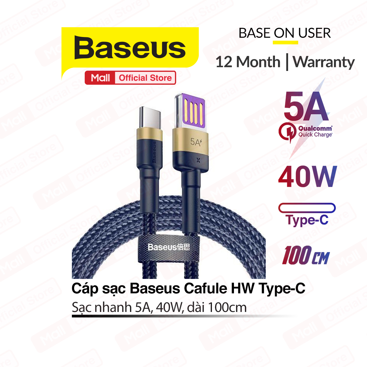 Cáp Sạc Baseus Cafule HW Type-C sạc nhanh 5A - 40W Q.C 3.0 cho Huawei/ Samsung S8/9 Note 8/9 Xiaomi