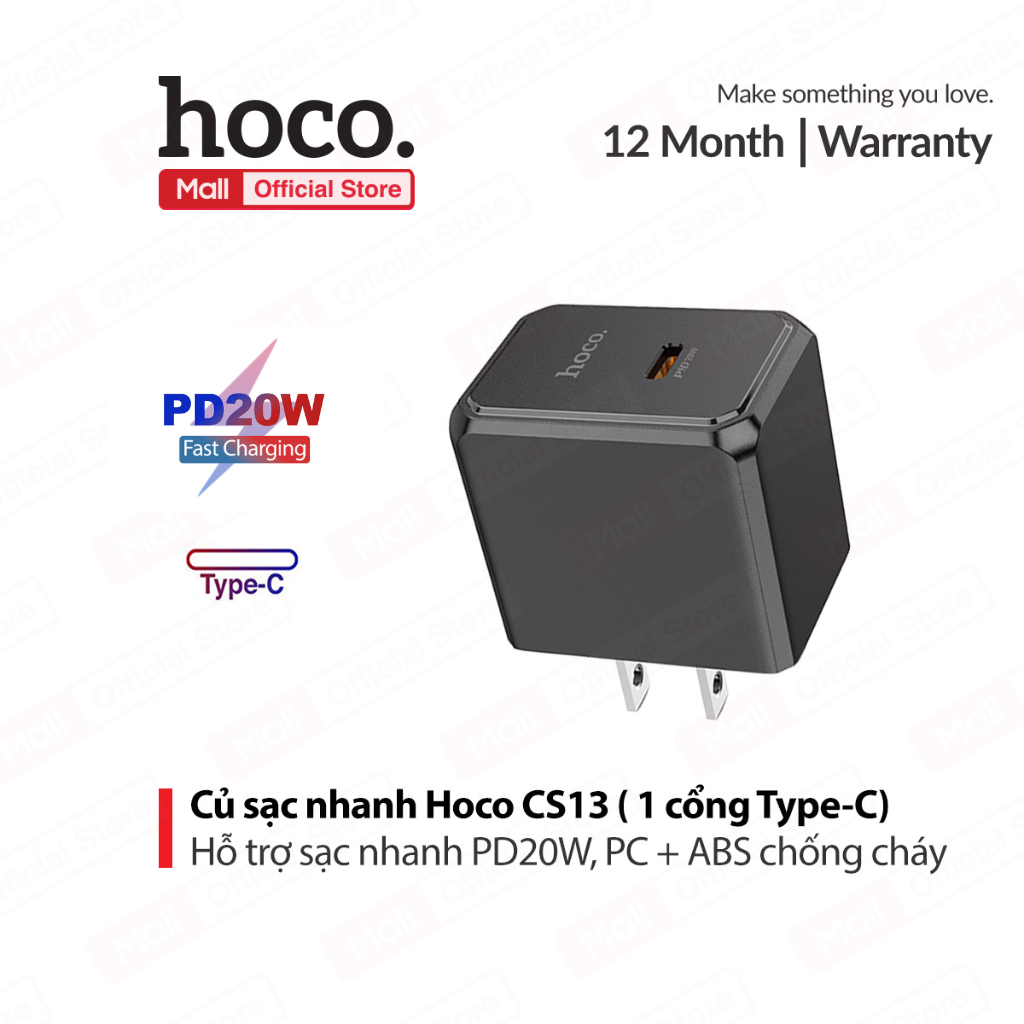 Củ sạc nhanh PD20W 1 cổng Type-C Hoco CS13 ABS + PC chống cháy, chân dẹt