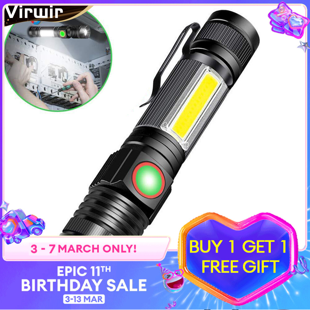 Virwir Original torch light flashlight re-chargeable emergency light re-chargeable led lightT6+COB Zoomable LED Flashlight USB Re-chargeable 1Torch With Magnetic Base