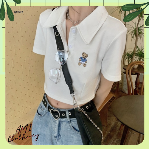 Áo Croptop Polo Thêu Gấu